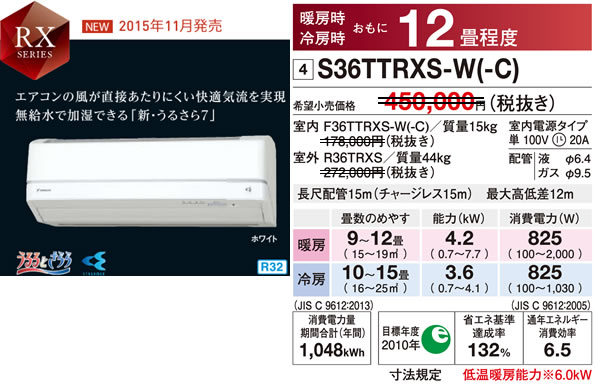 S36TTRXS-W（うるさら７・ダイキンルームエアコン）のスペック