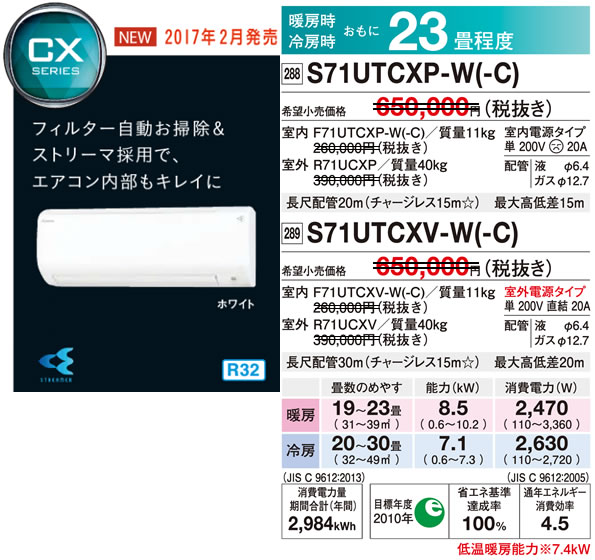 S71UTCXP-W（ダイキンルームエアコン）のスペック
