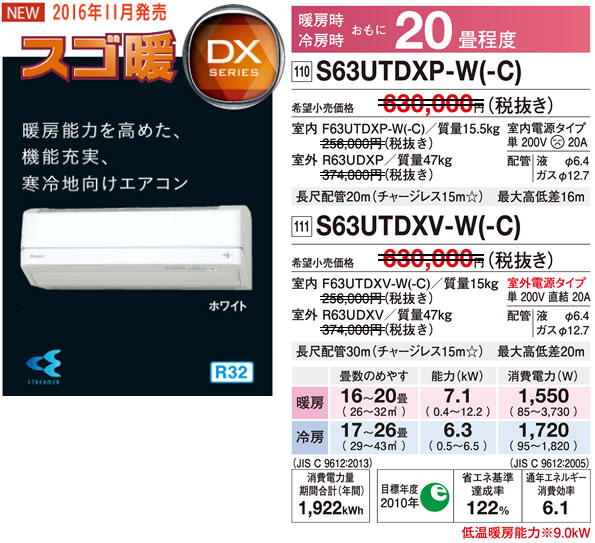 S63UTDXV-W（ダイキンルームエアコン）のスペック