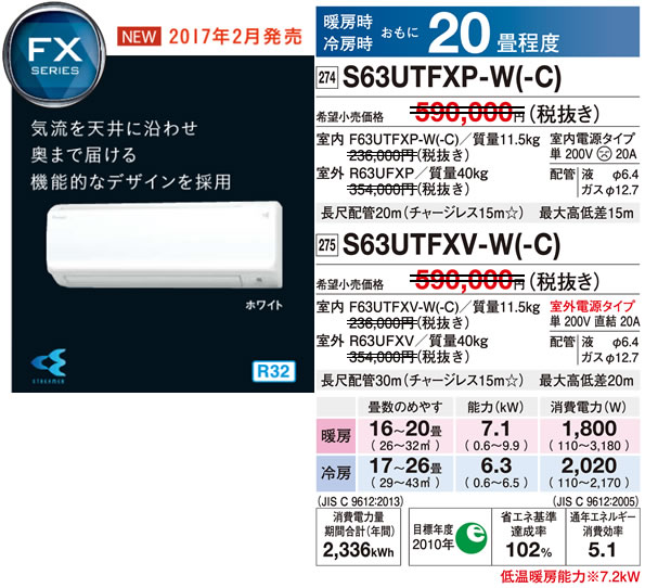 S63UTFXP-C（ダイキンルームエアコン）のスペック