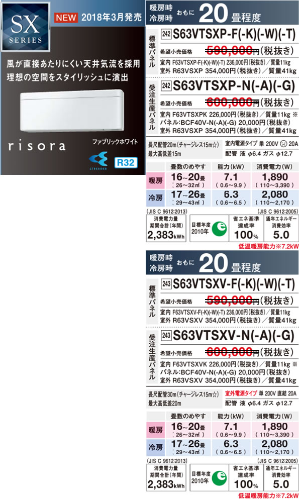 risora(S63VTSXV)（ダイキンルームエアコン）のスペック