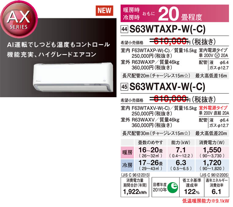 S63WTAXP-W(-C)、S63WTAXV-W(-C)（ダイキンルームエアコン）のスペック