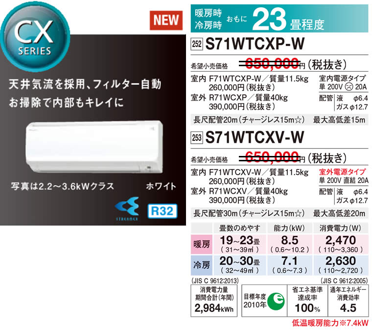 S71WTCXS-W（ダイキンルームエアコン）のスペック