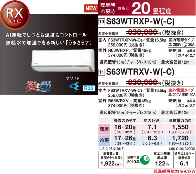 S63WTRXP-W(-C)、S63WTRXV-W(-C)（うるさら７・ダイキンルームエアコン）のスペック