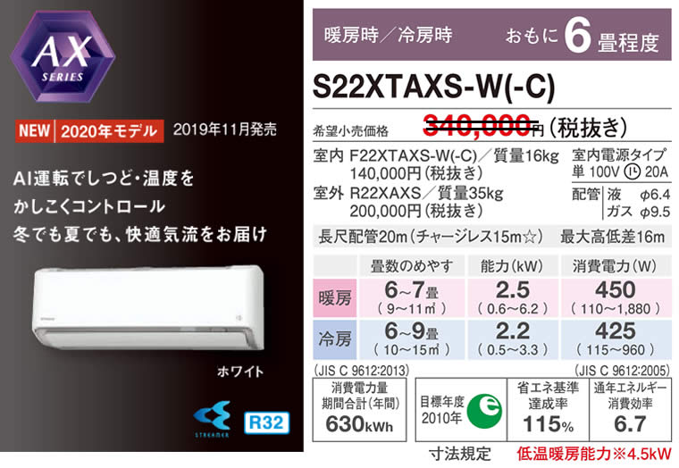 S22XTAXS-W(-C)（ダイキンルームエアコン）のスペック