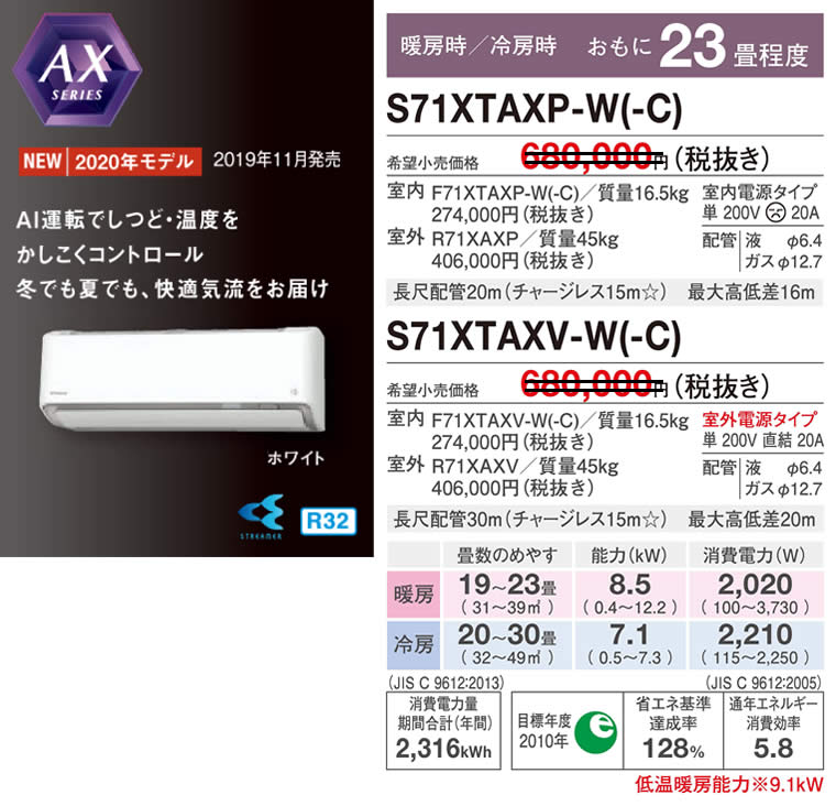 S71XTAXP-W(-C)、S71XTAXV-W(-C)（ダイキンルームエアコン）のスペック