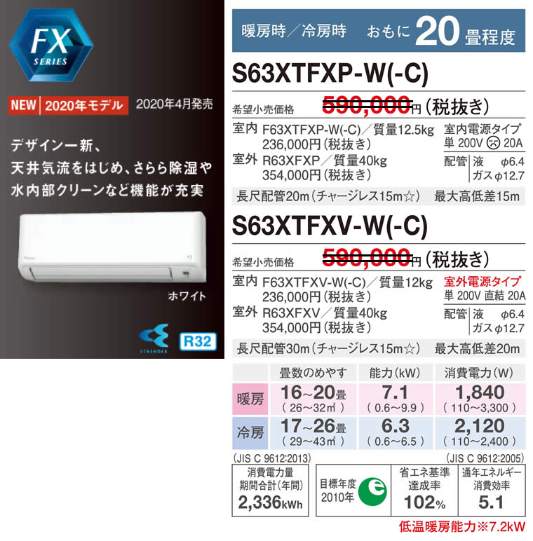 S63XTFXP(V)-W(-C)（ダイキンルームエアコン）のスペック