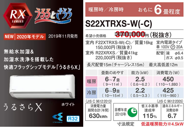 S22XTRXS-W(-C)（うるさらＸ・ダイキンルームエアコン）のスペック