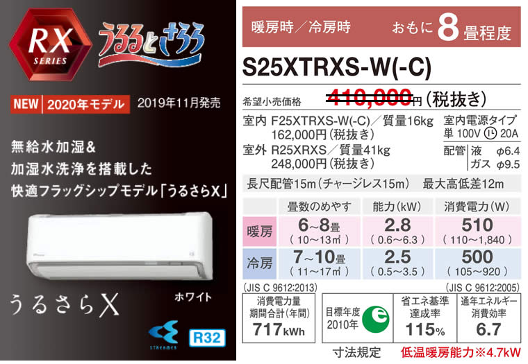 S25XTRXS-W(-C)（うるさらＸ・ダイキンルームエアコン）のスペック