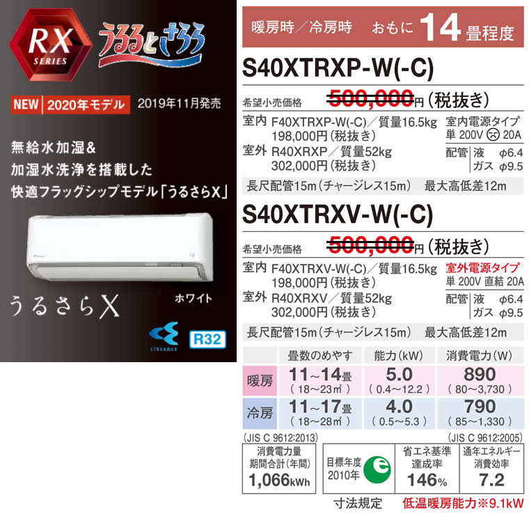 S40XTRXP-W(-C)、S40XTRXV-W(-C)（うるさらＸ・ダイキンルームエアコン）のスペック