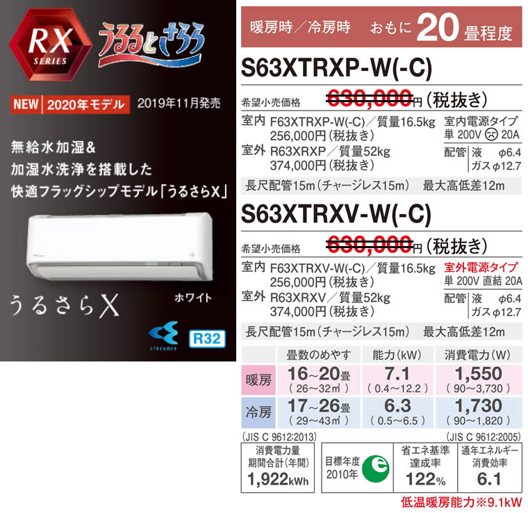 S63XTRXP-W(-C)、S63XTRXV-W(-C)（うるさらＸ・ダイキンルームエアコン）のスペック