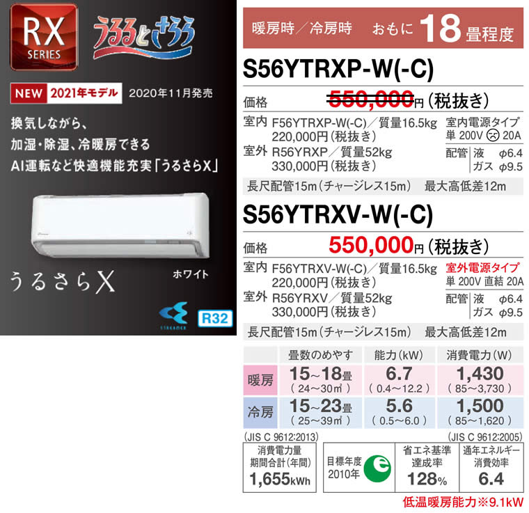 S56YTRXP-W(-C)、S56YTRXV-W(-C)（うるさらＸ・ダイキンルームエアコン）のスペック