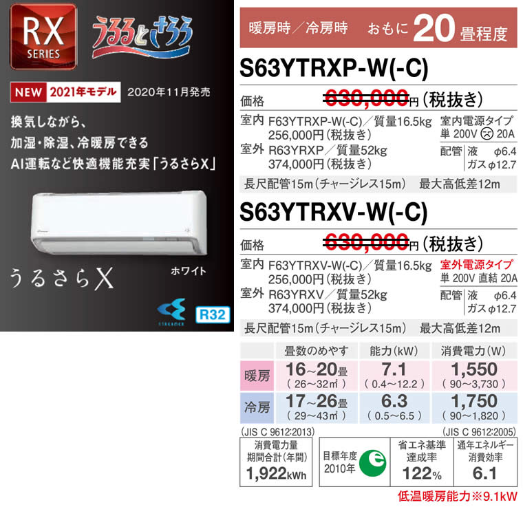 S63YTRXP-W(-C)、S63YTRXV-W(-C)（うるさらＸ・ダイキンルームエアコン）のスペック