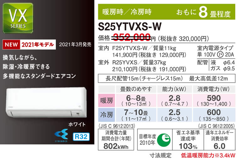 S25YTVXS-W（ダイキンルームエアコン）のスペック