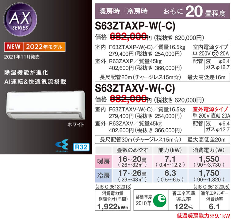 S63ZTAXP-W(-C)、S63ZTAXV-W(-C)（ダイキンルームエアコン）のスペック