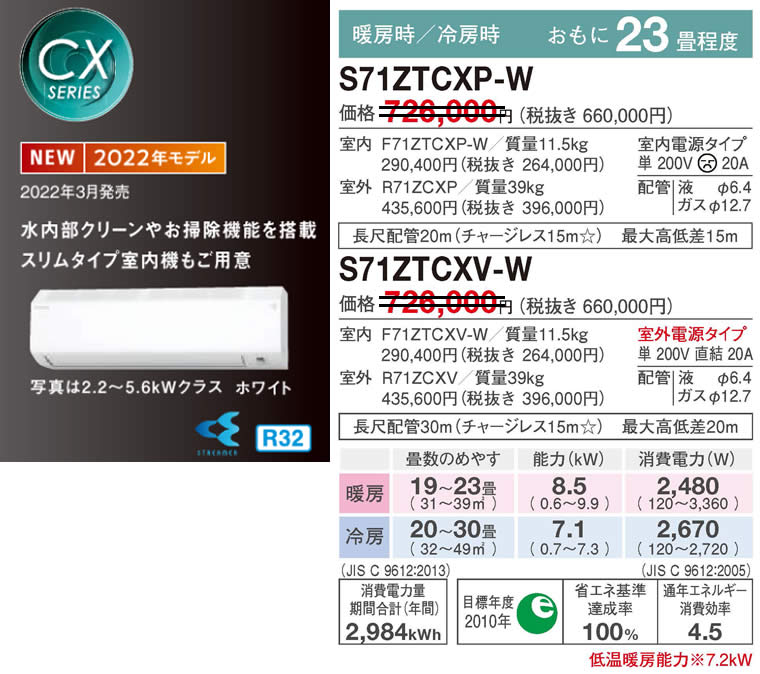 S71ZTCXS-W（ダイキンルームエアコン）のスペック