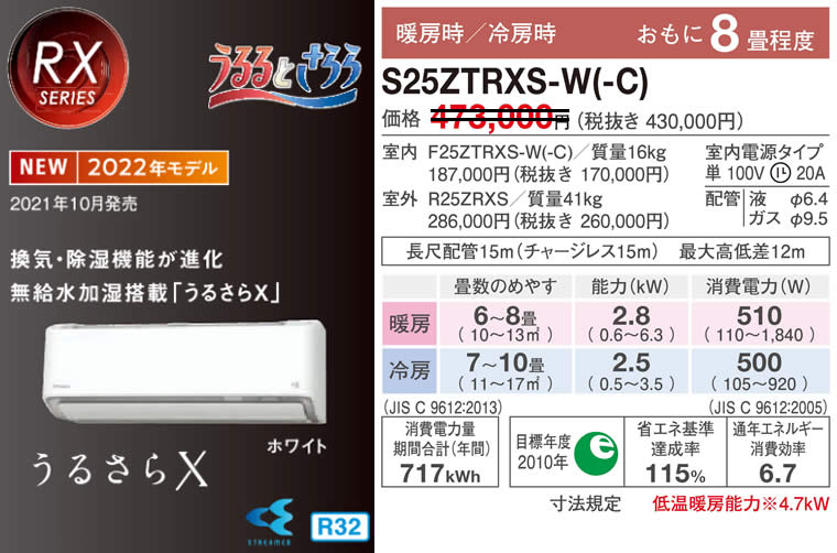 S25ZTRXS-W(-C)（うるさらＸ・ダイキンルームエアコン）のスペック