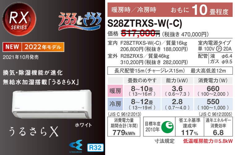 S28ZTRXS-W(-C)（うるさらＸ・ダイキンルームエアコン）のスペック