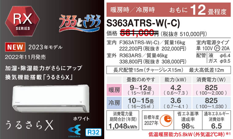 S363ATRS-W(-C)（うるさらＸ・ダイキンルームエアコン）のスペック