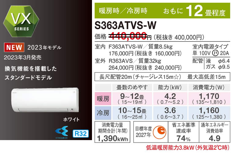 S363ATVS-W（ダイキンルームエアコン）のスペック