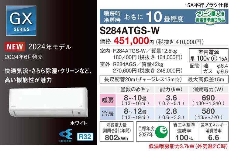 S284ATGS-W（ダイキンルームエアコン）のスペック