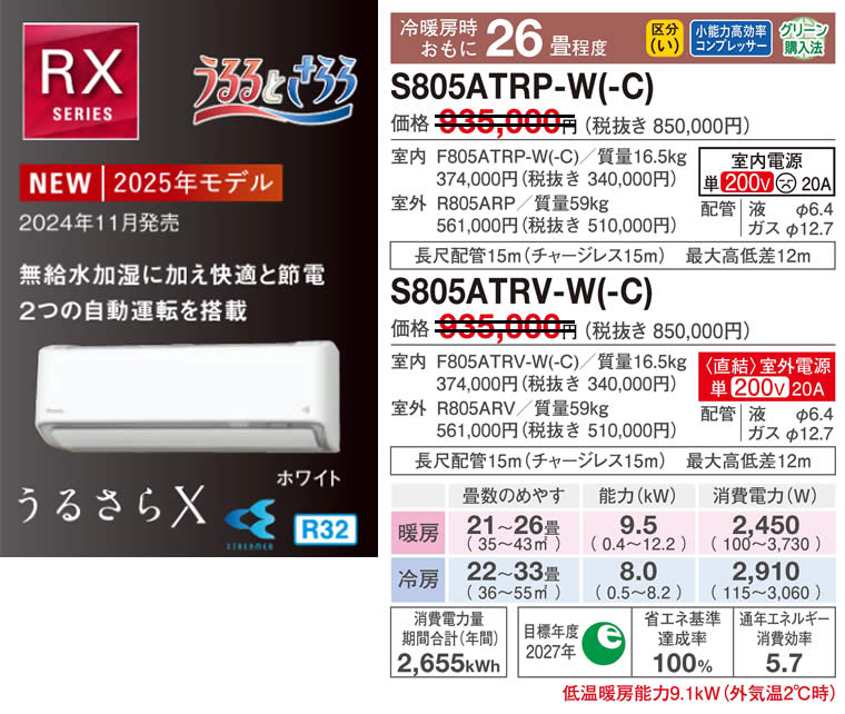 S805ATRP-W(-C)、S805ATRV-W(-C)（うるさらＸ・ダイキンルームエアコン）のスペック