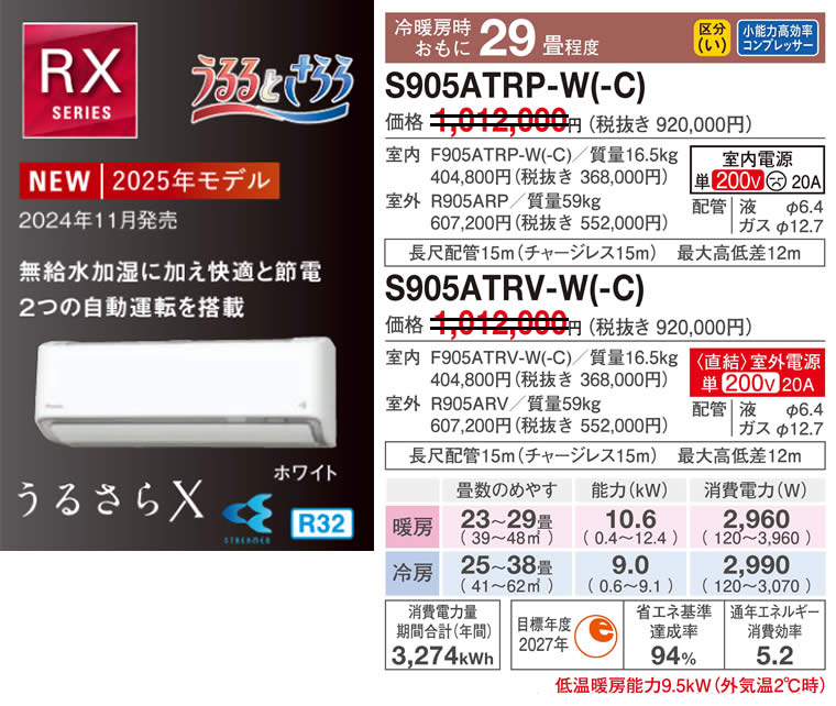 S905ATRP-W(-C)、S905ATRV-W(-C)（うるさらＸ・ダイキンルームエアコン）のスペック