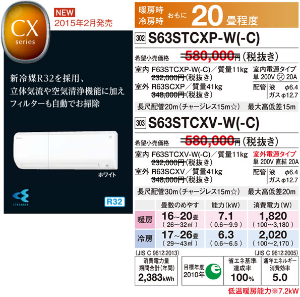 S63STCXP-W（ダイキンルームエアコン）のスペック