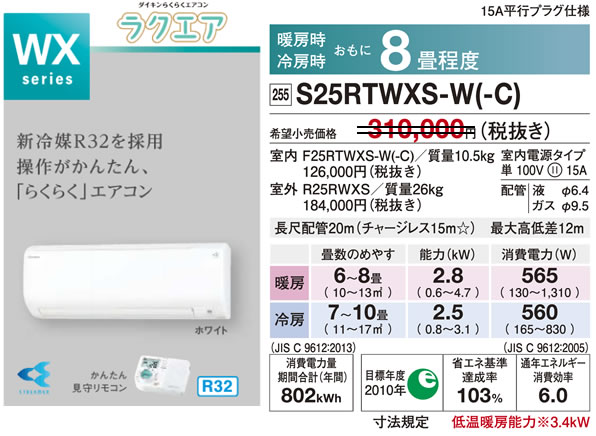 S25RTWXS-W（ダイキンルームエアコン）のスペック