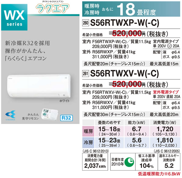 S56RTWXV-W（ダイキンルームエアコン）のスペック