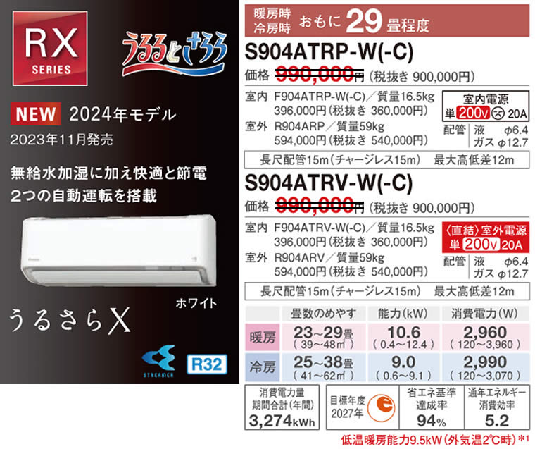 S904ATRP-W(-C)、S904ATRV-W(-C)（うるさらＸ・ダイキンルームエアコン）のスペック