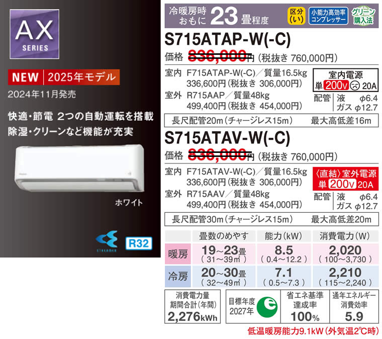 S715ATAP-W(-C)、S715ATAV-W(-C)（ダイキンルームエアコン）のスペック