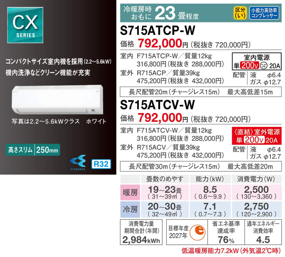 S715ATCS-W(ダイキンルームエアコン)のスペック