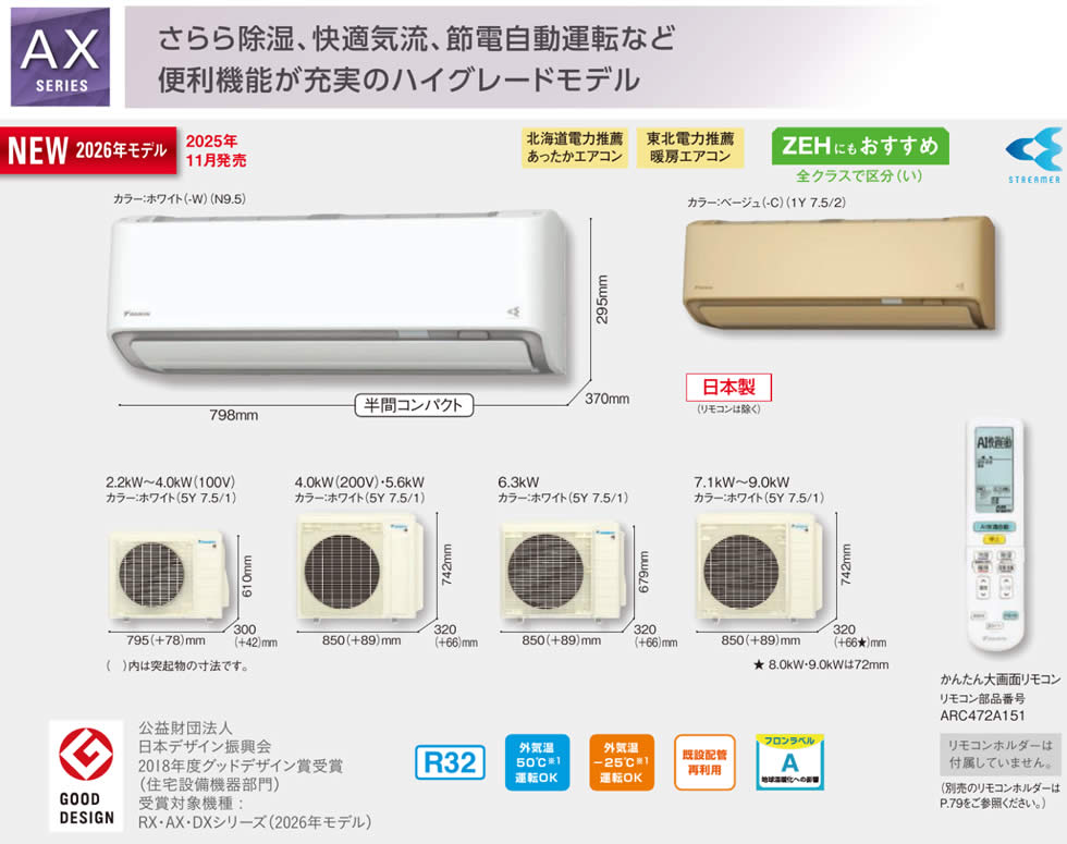 ダイキン壁掛形ルームエアコンAXシリーズの画像