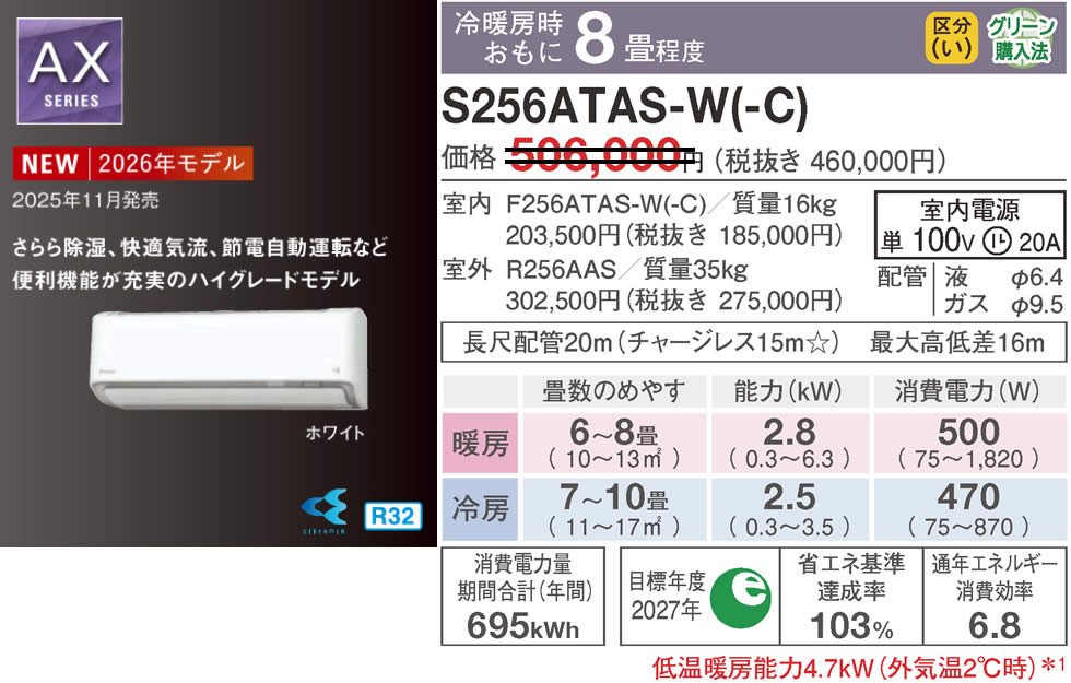 S256ATAS-W(-C)（ダイキンルームエアコン）のスペック