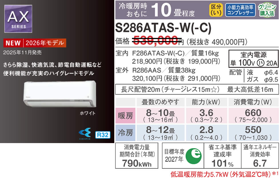 S286ATAS-W(-C)（ダイキンルームエアコン）のスペック