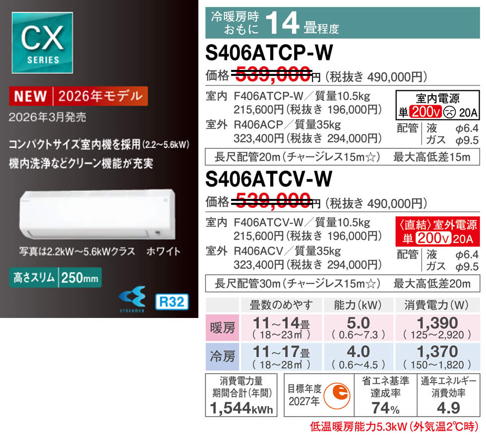 S406ATCS-W（ダイキンルームエアコン）のスペック