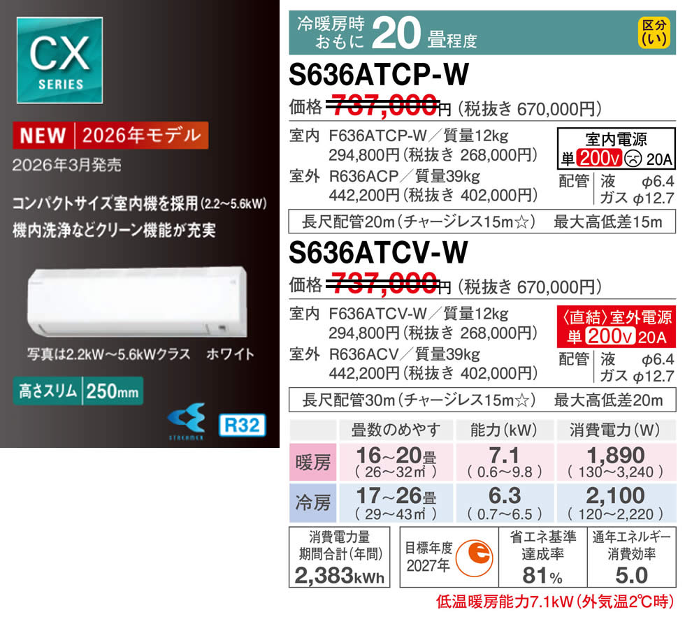 S636ATCS-W（ダイキンルームエアコン）のスペック