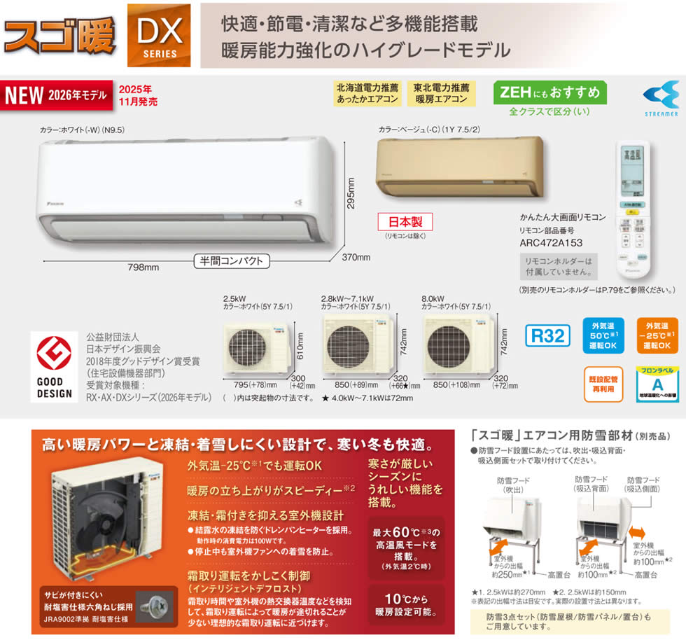 ダイキン壁掛形ルームエアコンDXシリーズの画像