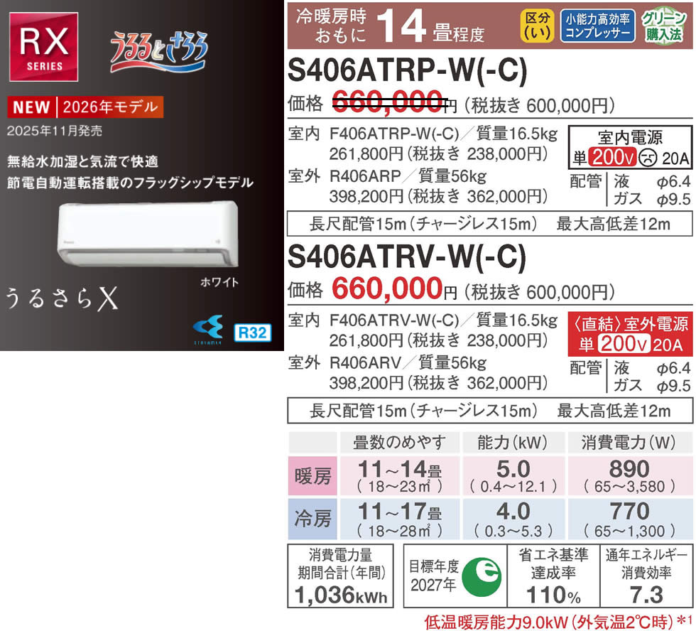 S406ATRP-W(-C)、S406ATRV-W(-C)（うるさらＸ・ダイキンルームエアコン）のスペック