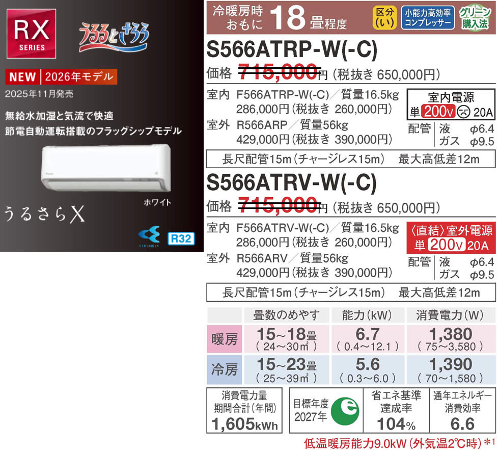 S566ATRP-W(-C)、S566ATRV-W(-C)（うるさらＸ・ダイキンルームエアコン）のスペック
