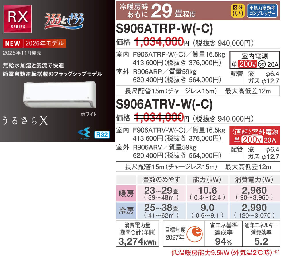 S906ATRP-W(-C)、S906ATRV-W(-C)（うるさらＸ・ダイキンルームエアコン）のスペック