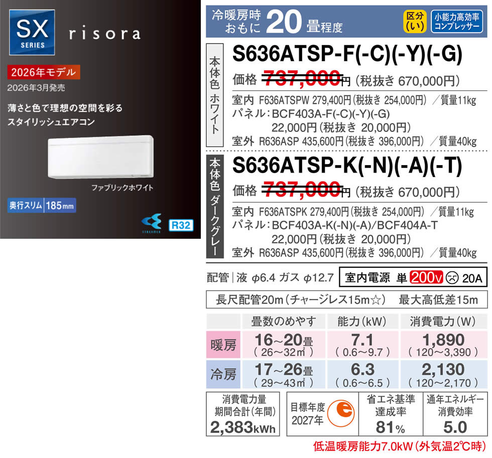 S636ATSP-F(-C)(-Y)(-G)(-K)(-M)(-N)(-A)（ダイキンルームエアコン）のスペック