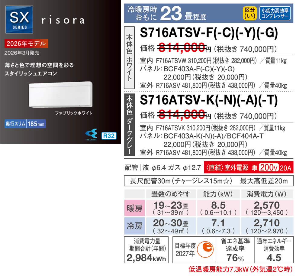 S716ATSV-F(-C)(-Y)(-G)(-K)(-M)(-N)(-A)（ダイキンルームエアコン）のスペック